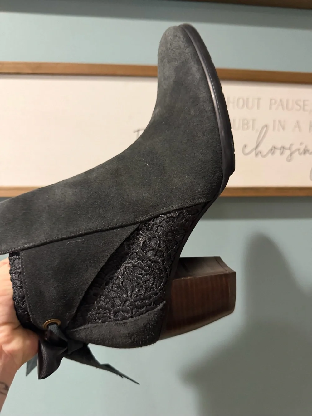 Sundance Black Suede Ankle Booties with Lace Side Panel